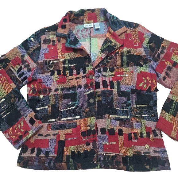 Chicos Jacket Tapestry Embellished Red Black Orange 2 Large Art to Wear Pockets - Picture 6 of 13